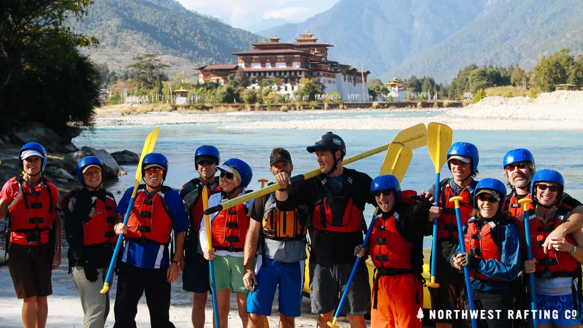 Group photo after rafting below the Punakha Dzong