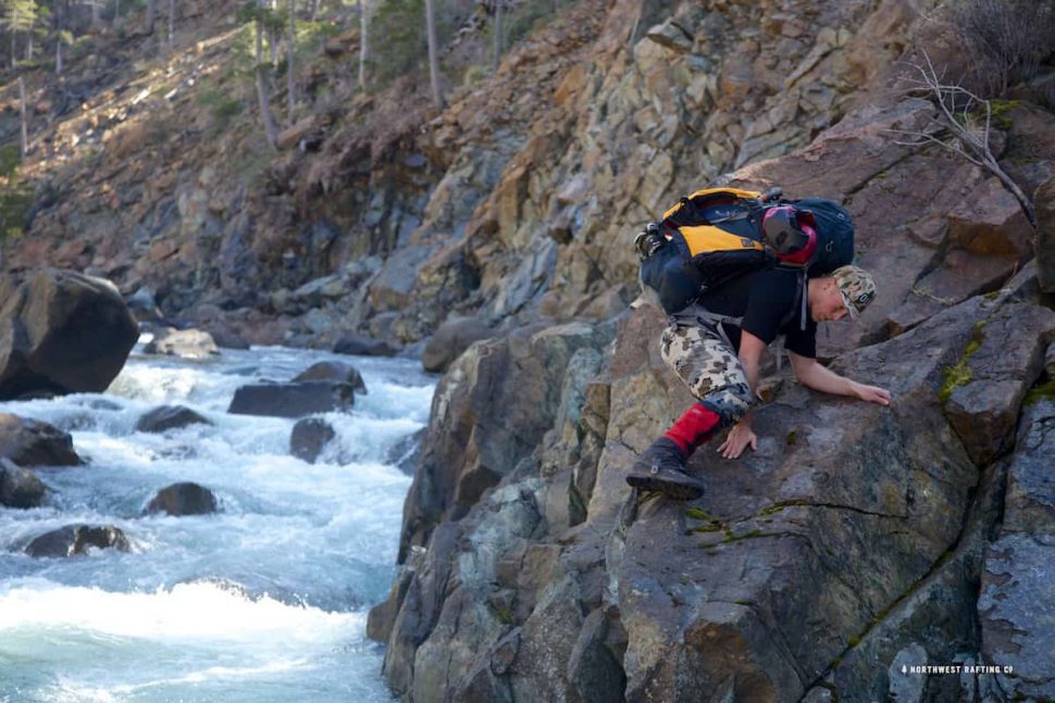 Scrambling down the left bank below Taylor Creek