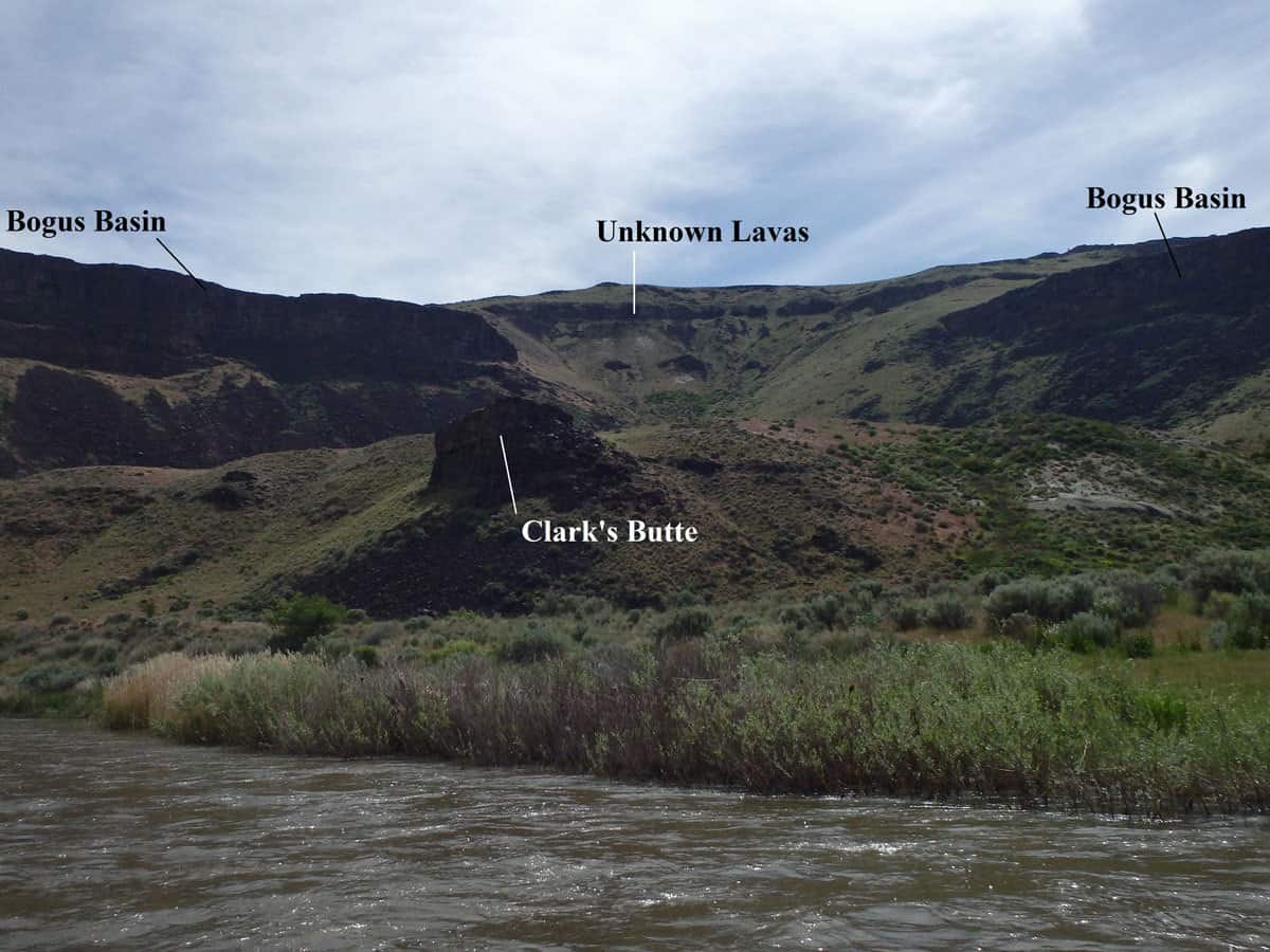 View of Jackson Hole, mile 37, river right. Showing the ridges of Bogus Basin Lava and nub of Clark’s Butte Lava.