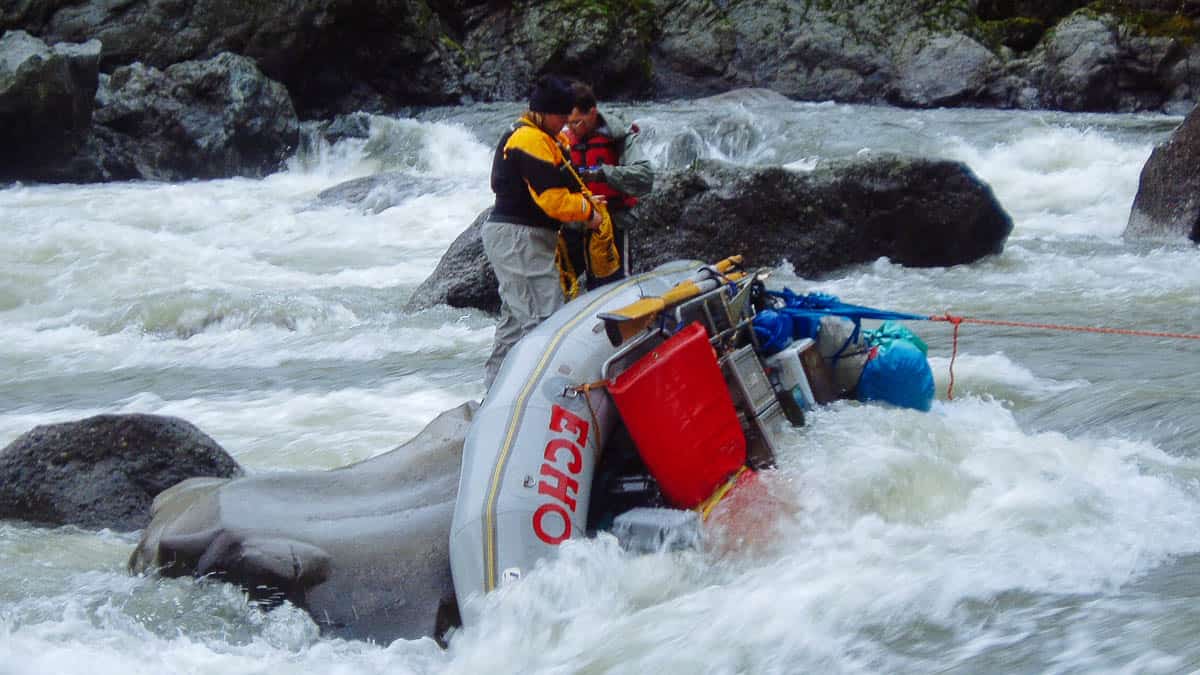 Raft pinned near the Picket Fence in Blossom Bar Rapid
