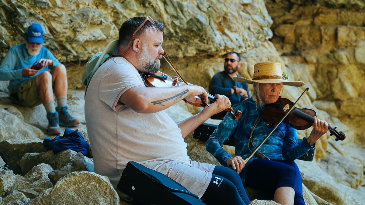 Laurie Lewis and Brandon Godman Playing Fiddle at Veil Falls