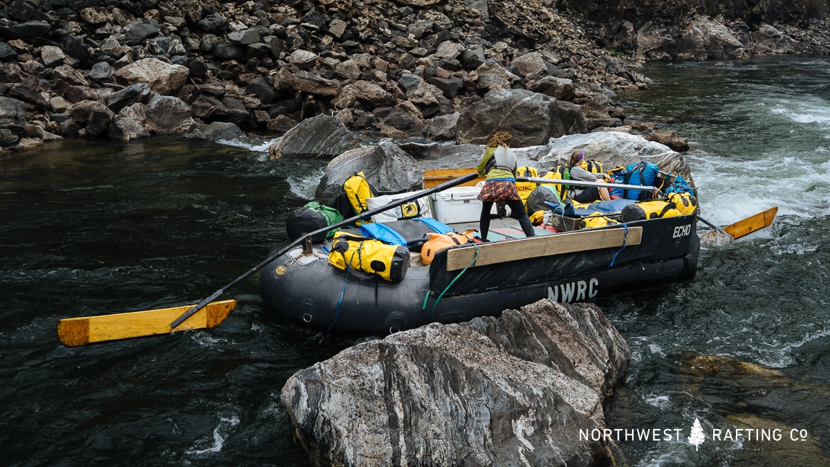Audrey Gehlhausen driving our sweep boat through House of Rocks Rapid