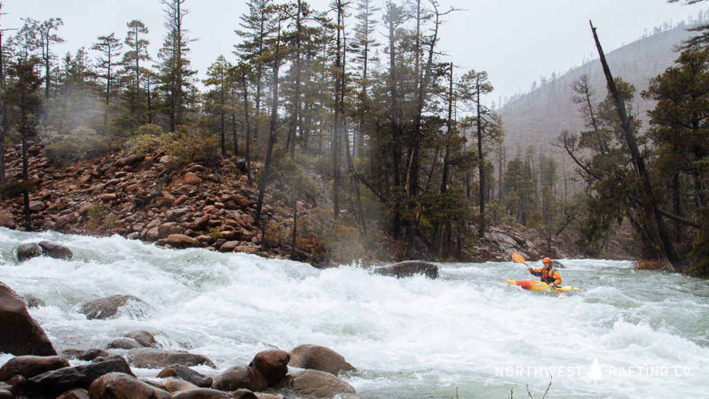 Paddling atPaddling through the confluence of the North and South Forks of Rough and Ready Creek the confluence of North and South Forks of Rough and Ready Creek