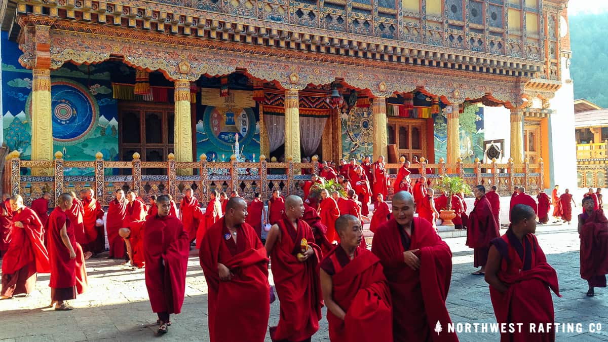 Monks outside the monastery at Punakha Dzong