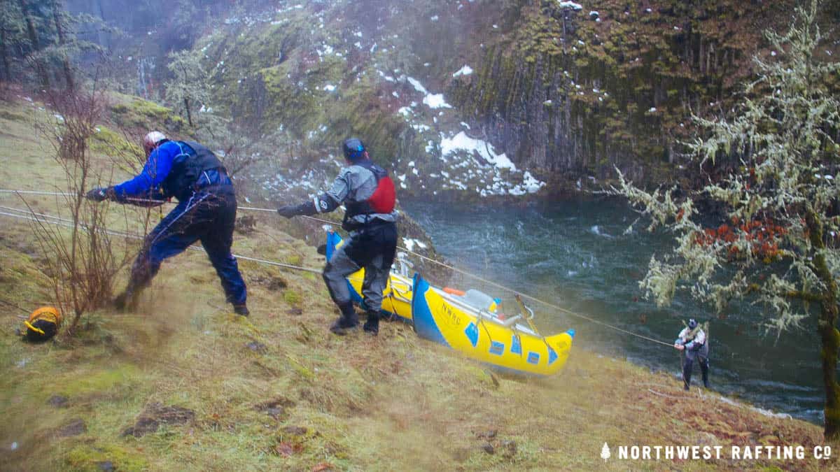 Pulling rafts up the hill at take-out on the West Fork of the Hood River