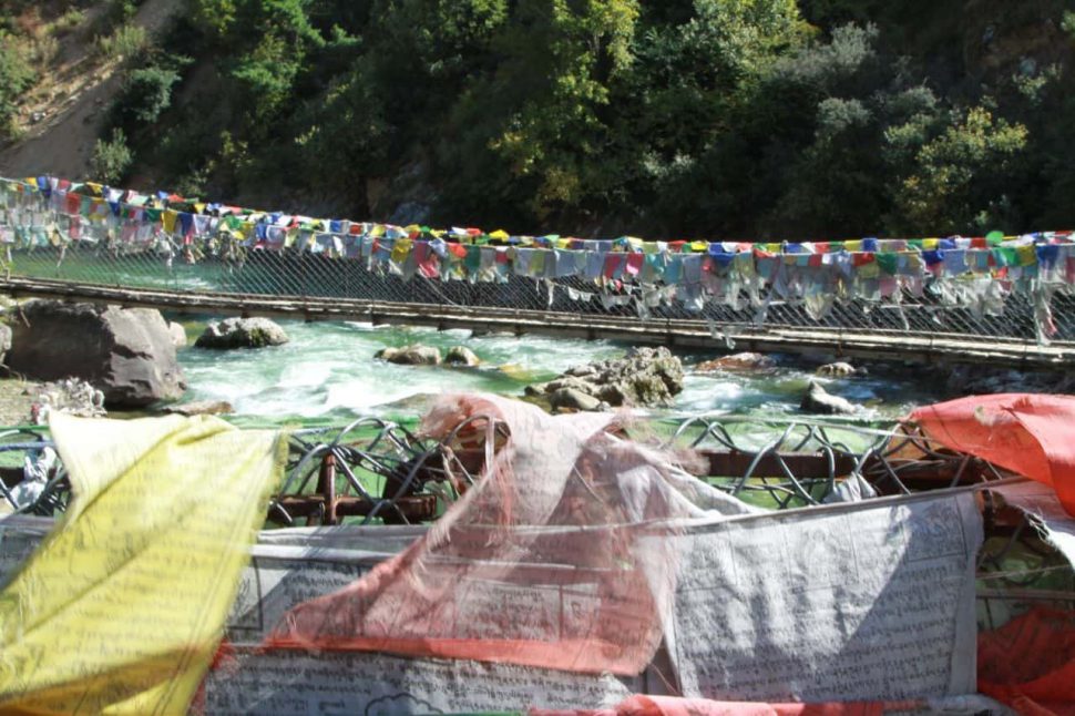 Prayer flags at the iron bridge across the Paro Chhu