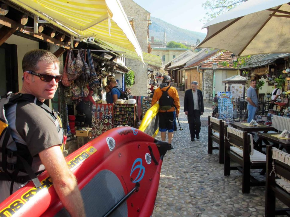 Walking through the streets of Mostar with our SUPs