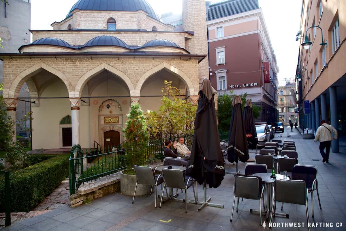 Mosque and Coffee Shop in downtown Sarajevo