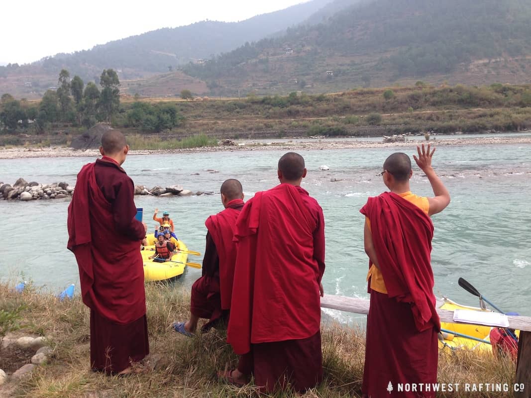 Bhutanese Monks saying hello to us on the Pho Chhu