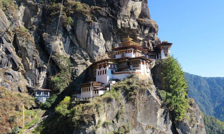 Taktsang is perched on a cliff 2,000 feet above the Paro Valley