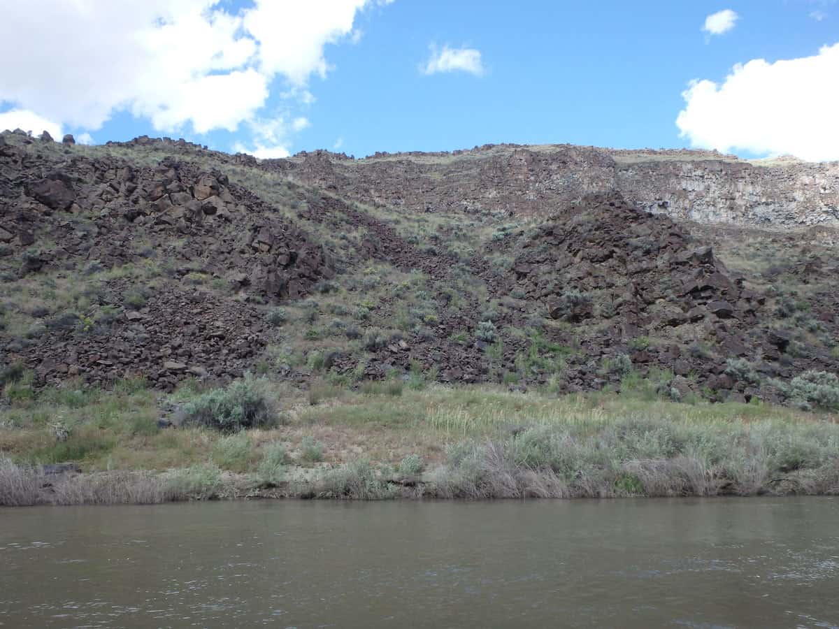 Figure 9. Mile 13, River Right, two large chunks of basalt that slide down, most likely originated from river left.