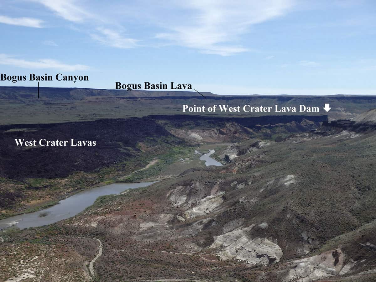 Figure 5. View from the top of Lambert Dome on river left, river mile 25, of West Crater Lavas, West Crater Lava Dam, and Bogus Basin Lavas and Canyon. 