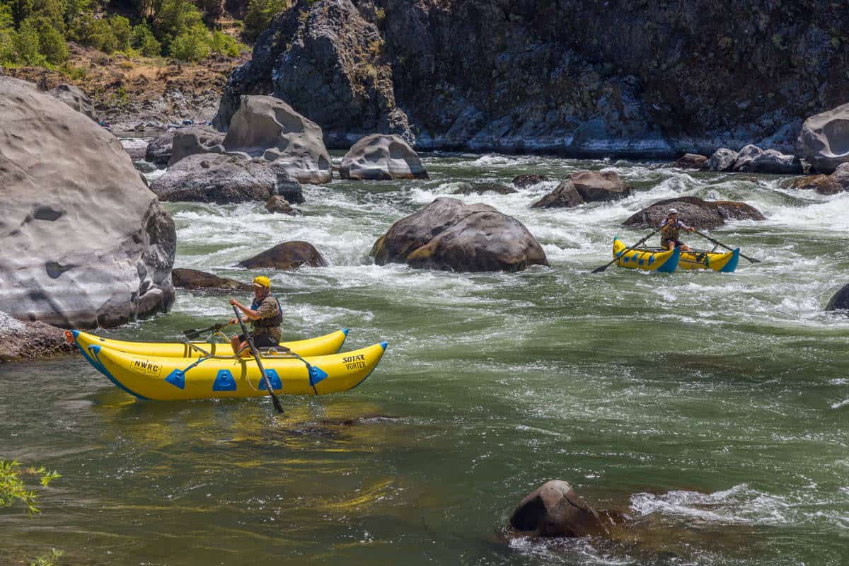 Rowing catarafts below Blossom Bar Rapid on the Rogue River