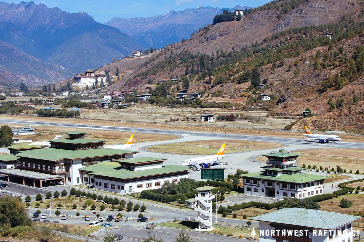 The Paro International Airport with the Rinpung Dzong in the background