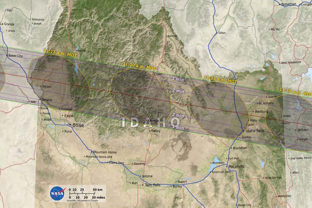 The path of totality through Idaho