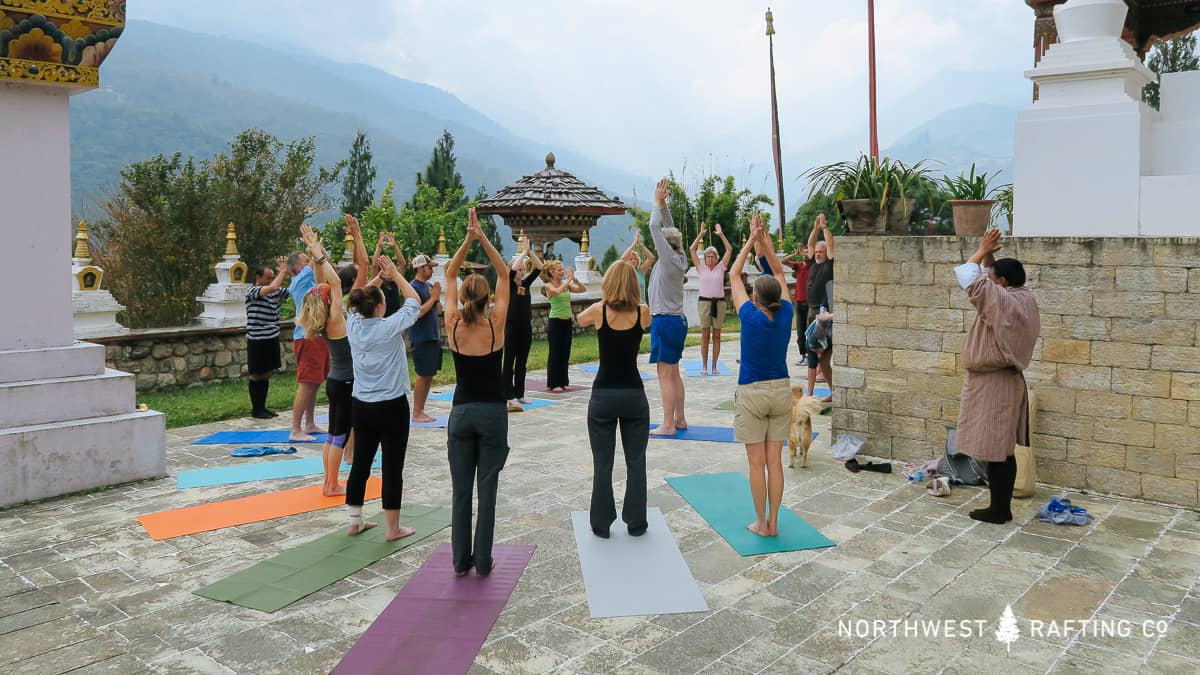 Yoga class at Khamsum Yulley Namgyal Chorten