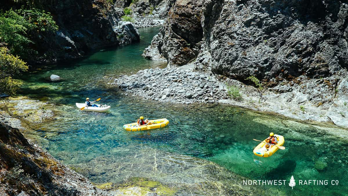 Floating through clean and clear water in the Magic Canyon on the National Wild and Scenic Chetco River