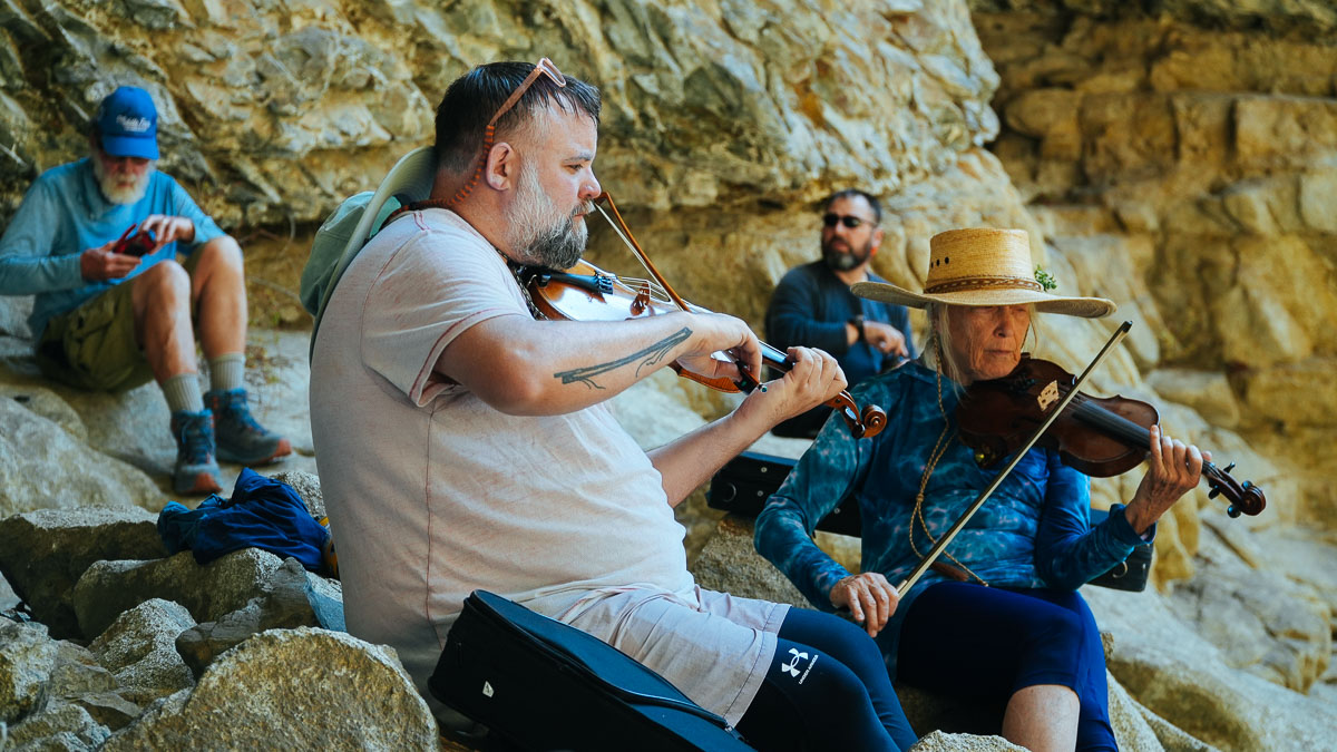 Laurie Lewis and Brandon Godman Playing Fiddle at Veil Falls