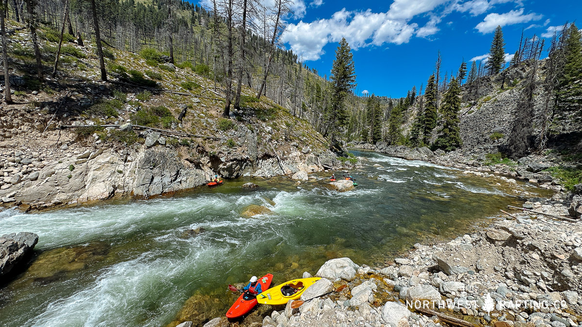 Kayakers waiting below Velvet Falls on the Middle Fork of the Salmon River