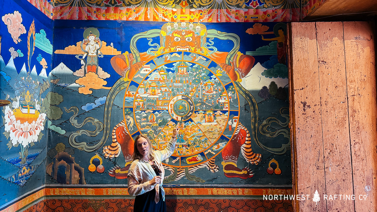 Claire describing the Wheel of Life at the Rinpung Dzong