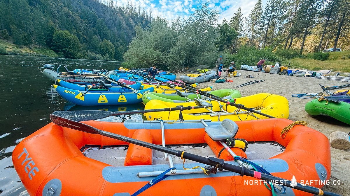 Oar rafts ready to go for a Class III Rowing School on the Rogue River